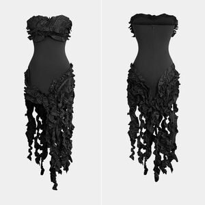 NWT | Micas | Black Ruffled Fringe Strapless Midi Dress | Sz S
